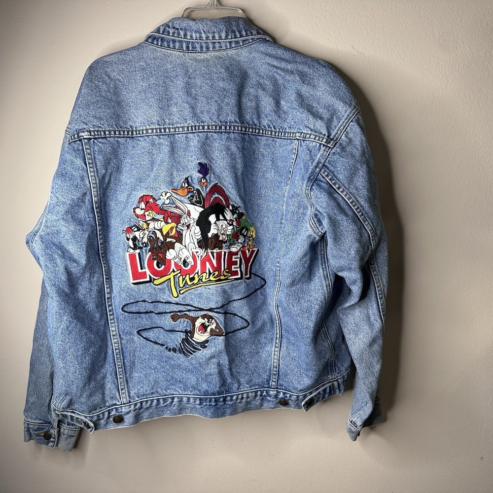 Vtg Warner Bros Looney Tunes Taz Embroidered Denim Jacket Mens L Blue 90s